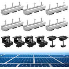 Anbte Saules paneļu kronšteins 6 gabali Montāžas sliedes 200 mm alumīnija ar 4 x gala skavu + 2 x centra skava moduļa augstumam 30 mm / 35 mm + 18 gabali skrūves + gumijas spilventiņi, saules paneļu montāža uz plakana jumta