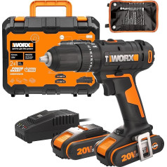 WORX 18 V (20 V MAX) WX370 akumulatora urbjmašīnu komplekts PowerShare, maks. 50 N.m, komplektā ietilpst 2 x 2,0 Ah akumulatori un 30 urbji, 2 ātrumu pārnesumkārba, 13 mm bezatslēgu skava, oranžs un melns.