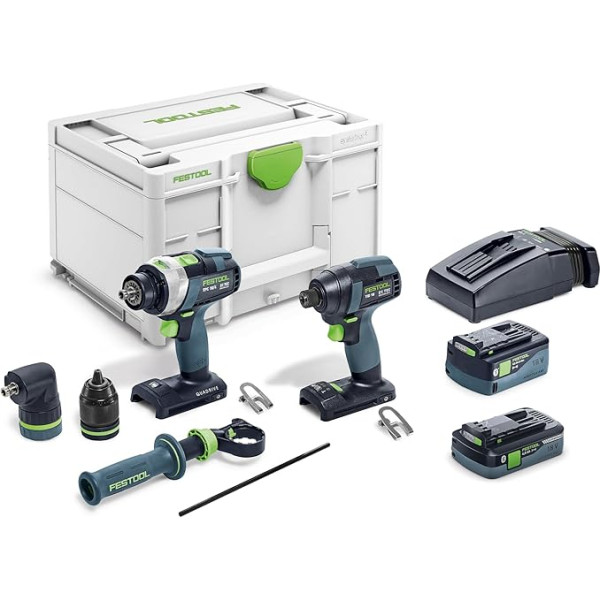 Festool skrūvgriežu un urbju komplekts TID 18 5.0/4.0 TPC 18/4 Komplektā ietilpst TID 18 + TPC 18/4 + akumulatoru komplekts + ātrais lādētājs + bezatslēgas turētājs + leņķa stiprinājums + papildu rokturis + jostas stiprinājums + stiprinājum