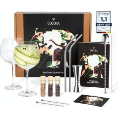 Dāvanu komplekts Cocora Gin-Tonic, 11 gabaliņu kokteiļu komplekts, džinsu aksesuāri, glāzes kokteiļiem ar džinsu un toniku, garšvielas (sudraba krāsā)