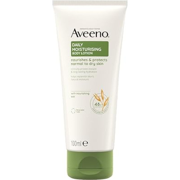 Aveeno Ikdienas mitrinošs ķermeņa losjons (1 x 100 ml), barojošs dušas losjons normālai un sausai ādai, bez ziepēm, viegli aromatizēts un vegānisks*, ar nomierinošu triju auzu prebiotiku kompleksu.