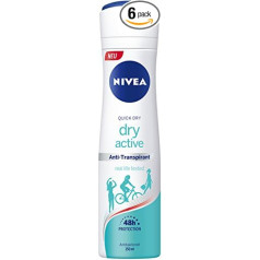 Nivea Dry Active Deo aerosols 6 iepakojumos (6 x 150 ml), īpaši spēcīgs antiperspirants, dezodorants ar 48 stundu aizsardzību.