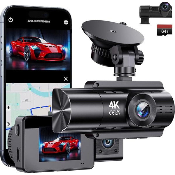 Dash Cam Auto priekšējā un aizmugurējā bezvadu Dash Cam 360 grādu monitorings ar akumulatoru 4K ar GPS 5GHz WiFi Dash Cam ar 64GB SD Auto kamera bezvadu ar stāvvietas monitoringu / super nakts redzamības / cilpa