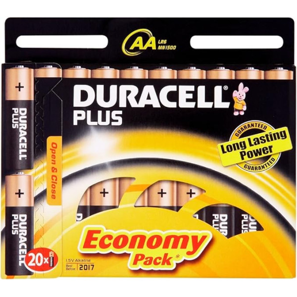 Duracell Plus sārmu baterijas AA LR6 1,5 V, 20 gab., iepakojumā