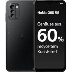 Nokia G60 5G viedtālrunis, 6,58 collu HD + 120 Hz displejs, 4 GB RAM un 128 GB atmiņas, Android 12, 50 MP AI kamera, izgatavots no 60 % pārstrādātas plastmasas, akumulatora darbības laiks 2 dienas, melns, 101Q7505H022