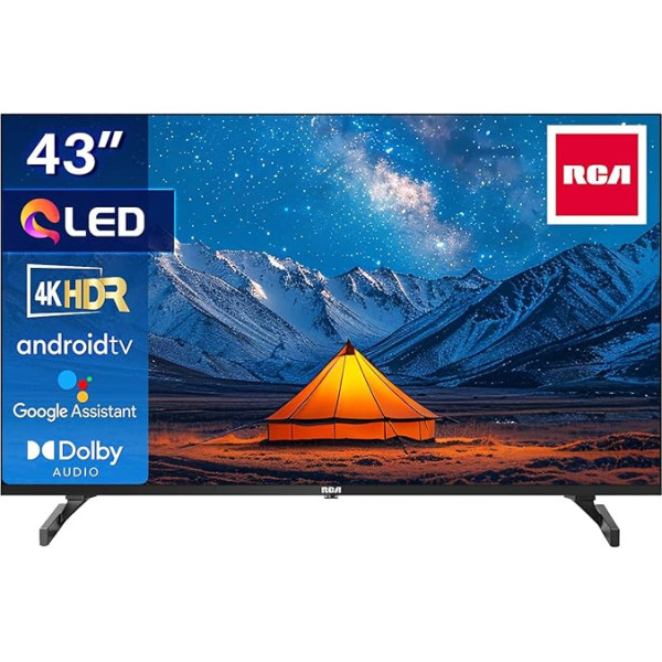 RCA QLED Smart TV 43 collu televizors Android TV 4K HDR HLG Dolby Audio Google Assistant Trīskāršais uztvērējs HDMI USB Bluetooth WiFi