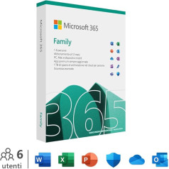 Microsoft 365 Family | 12 mēneši, līdz 6 lietotājiem | Word, Excel, PowerPoint | 1TB OneDrive Cloudspeicher | PC/Macs un mobilie datori | Itālijas Box