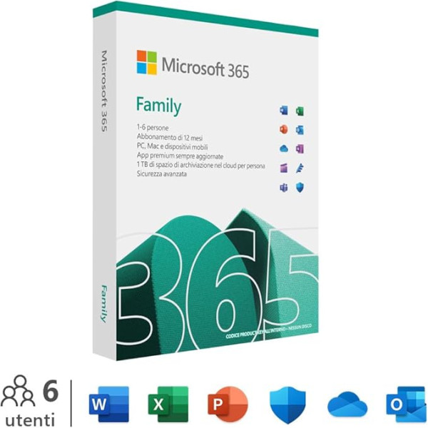 Microsoft 365 Family | 12 mēneši, līdz 6 lietotājiem | Word, Excel, PowerPoint | 1TB OneDrive Cloudspeicher | PC/Macs un mobilie datori | Itālijas Box