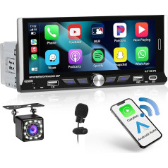 Hikity 1 DIN auto radio Bluetooth ar bezvadu CarPlay un Android Car, 6,9 collu skārienjūtīgais ekrāns, auto radio ar divām USB ligzdām, C tipa atpakaļgaitas kamera, tālvadības pults, mikrofons, FM radio