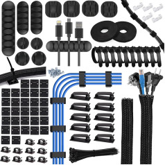 HOTOOLME komplekts ar 180 kabeļu vadiem, 2 x 1 m kabeļu caurules, 16 silikona kabeļu turētāji, 12 pašlīmējošas kabeļu saites, 20 kabeļu skavas, 100 kabeļu saites TV, datoram, zem galda, mājai, birojam, elektronikai
