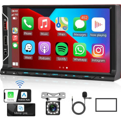 Double DIN auto radio ar bezvadu CarPlay bezvadu Android auto spoguļa saiti, 7 collu skārienjūtīgais ekrāns Radio Bluetooth brīvroku komplekts 2 DIN MP5 atskaņotājs FM/EQ/USB/AUX/ stūres vadības pults, atpakaļgaitas kamera