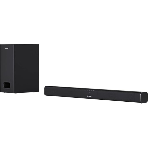 SHARP HTSBW110 2.1 Soundbar 180W (USB, Bluetooh, HDMI, Optisch, AUX-In (3,5mm), Breite: 80cm), Slim-Design, ārējais zemfrekvences skaļrunis, melns (schwarz)