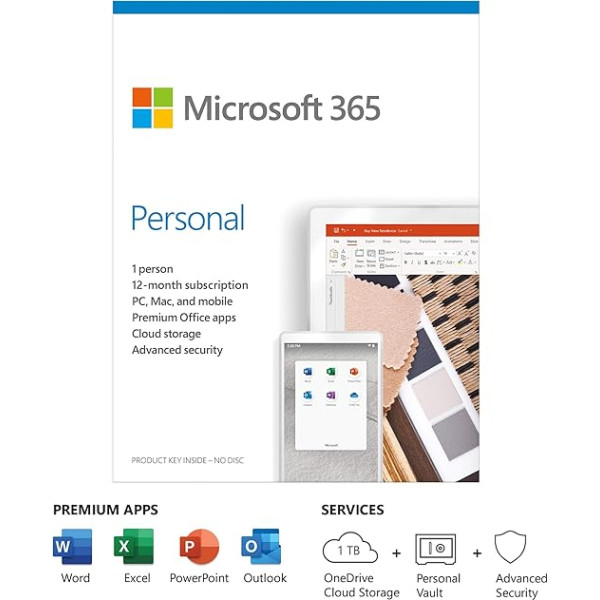 Microsoft 365 Personal | Office 365 Apps | 1 lietotājs | 1 gada abonements | PC/Mac, planšetdators un tālrunis | Mehrsprachig | Box