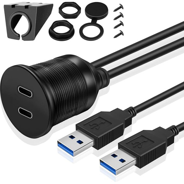 TNP USB C paneļa kontaktligzdas kabelis - 1 m, automašīnas USB 3.0 instalācijas kontaktligzdas kabelis, USB C tipa pagarinātāja kabelis, USB paneļa kabelis, 2 x A tipa vīrietis uz 2 x C tipa sieviete automašīnai, kravas automašīnai, laivai, mo