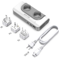 BESTEK 200 W sprieguma pārveidotājs ar 4 USB lādētāju 110 V līdz 230 V ceļojuma adaptera pārveidotājs ar maināmu UK, EU, AU ceļojuma kontaktdakšu ceļošanai uz ASV, Japānu, Kanādu, ASV, Ķīnu, Taizemi, Taizemi