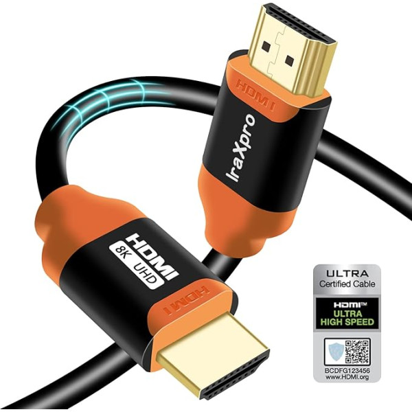 IraXpro HDMI kabelis, HDMI 2.1 kabelis, sertificēts 8K HDMI kabelis 3M, īpaši ātrdarbīgs 48 Gbps ar Ethernet, atbalsta 8K @ 60Hz, 4K @ 120Hz, 3D, Dynamic HDR, saderīgs ar TV, projektoru, PS5, Xbox, PC (oranžs)