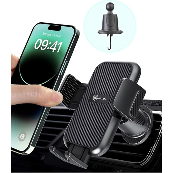 Kigam Mobilā tālruņa turētājs Automašīnas ventilācija [100% drošs satvēriens] 360 grādu rotējošs auto stiprinājuma piederums iPhone 15 Pro Max 14 13 12 11 Samsung viedtālruņa turētājs visiem mobilajiem tālruņiem Easy