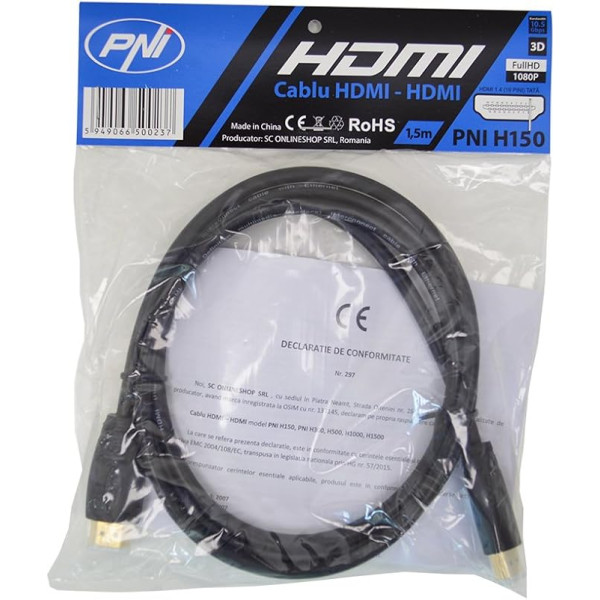 PNI HDMI kabelis H150, ātrgaitas, 1,4 V, kontaktdakša, Ethernet, ar zeltītu pārklājumu, 1,5 m