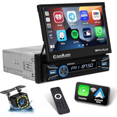 CAMECHO 1 DIN auto radio ar pagarināmu displeju Bezvadu Apple Carplay Android auto, 7 collu auto radio ar Bluetooth/GPS/AUX/USB/Mirror Link FM SWC + atpakaļgaitas kamera