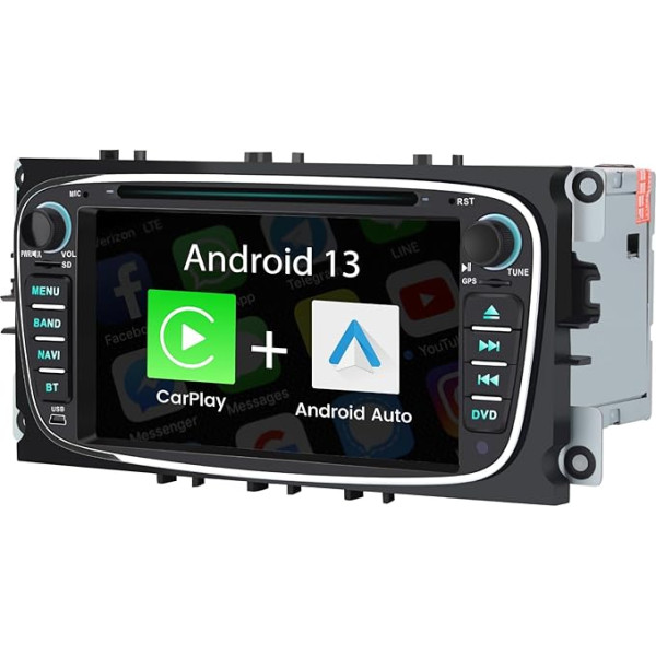 AWESAFE Auto radio Android 13 priekš Ford Focus Mondeo S-Max C-Max Galaxy, 2GB + 32GB, atbalsta DAB WLAN Bluetooth CD DVD Double DIN radio ar 7 collu ekrānu - melns