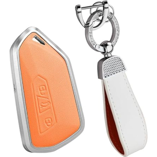 HIBEYO Smart Car Key Case Fits VW Key Case Leather Protective Key Case Cover for VW Golf 8 Seat Leon MK 4 Tarraco Ateca Skoda Octavia 3 Buttons Key Ring Key Case Orange