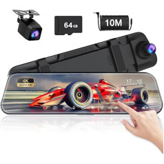 4K spoguļa dubultā Dash Cam, 4K + 1080P aizmugures skata spoguļa kamera Smart Driving Assistant ar 10 collu IPS Full Touch Screen priekšējo un aizmugurējo kameru ar autostāvvietas palīgsistēmu un kustības noteikšanu