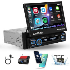 [Bezvadu] Hikity 1Din auto radio ar 7 collu motorizētu ekrānu + atpakaļgaitas kamera + Dash Cam, saderīgs ar bezvadu CarPlay un Android Car, Bluetooth Divas USB porti Tālvadības pults Mic FM