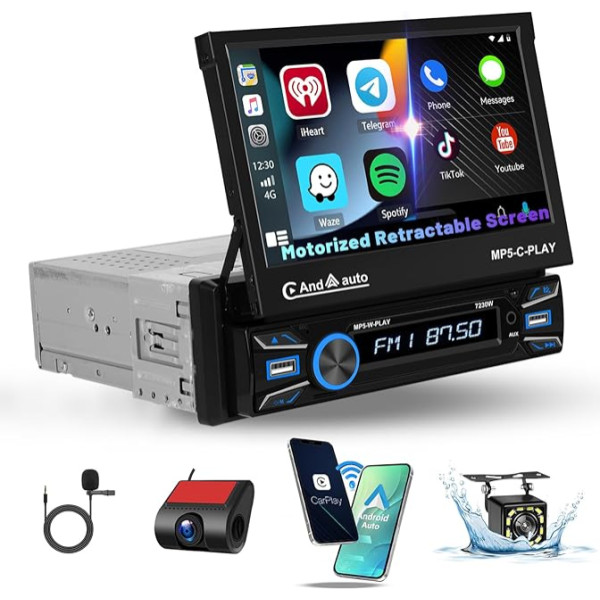 [Bezvadu] Hikity 1Din auto radio ar 7 collu motorizētu ekrānu + atpakaļgaitas kamera + Dash Cam, saderīgs ar bezvadu CarPlay un Android Car, Bluetooth Divas USB porti Tālvadības pults Mic FM