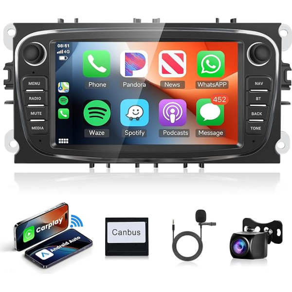 2G + 64G bezvadu Carplay Android 13 auto radio Ford Focus II mk2 Mondeo S-Max C-Max Galaxy Kuga ar Android auto navigāciju GPS WiFi 7 collu auto radio ar Mirror Link Bluetooth FM/RDS/DAB/EQ