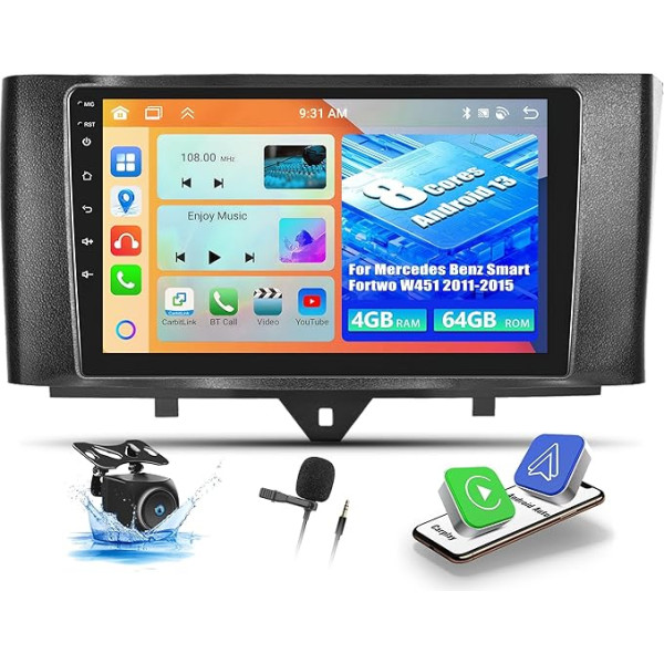 OiLiehu 4+64G 8 Core Android 13 Double DIN Radio priekš Mercedes Benz Smart Fortwo W451 2011-2015 CarPlay Android auto radio ar ekrānu 9 collas ar Bluetooth GPS FM RDS WiFi DSP/EQ/Reversing kamera