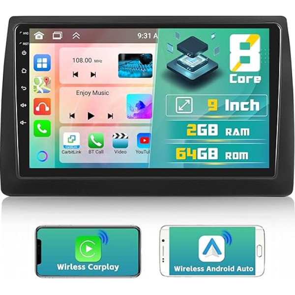 Hikity 8-core + 2G + 64G Android 13 auto radio ar bezvadu CarPlay Android auto Fiat Stilo 2002-2010, 9 collu skārienjūtīgais ekrāns auto radio ar navigāciju WiFi SWC DSP 59UI RDS FM USB Mic atpakaļgaitas kamera