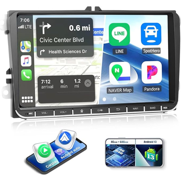 CAMECHO 4+64G Android 13 navigācijas auto radio VW Passat Golf Jetta EOS Polo Touran Seat Sharan, 9 collu bezvadu Carplay Bluetooth HD radio ar atpakaļgaitas kameru Android Car WiFi GPS FM/RDS DSP+