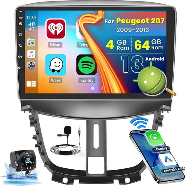 [4+64G] Automašīnas radio Android 13 ar satelīta navigāciju Peugeot 207 2006-2015, Hikity 9 collu skārienjūtīgā displeja auto radio ar ekrānu Wireless Carplay Android auto GPS WiFi FM RDS atpakaļgaitas kamera