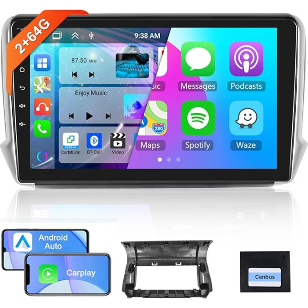 8 kodolu 2+64G Hodozzy Carplay Android auto radio Peugeot 208/2008 2012-2018, Android auto radio ar satelītnavigāciju, 10 collu skārienjūtīgais ekrāns ar/WiFi/GPS/RDS/FM/Bluetooth/USB/DSP