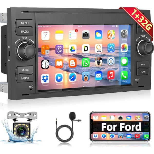 Podofo 1+32G Android auto radio Ford Focus C-max S-max Galaxy Fusion Fiesta Mondeo Kuga Transit Connect ar GPS navigāciju, 7 collu skārienekrāna radio ar Bluetooth, WiFi + atpakaļgaitas kamera