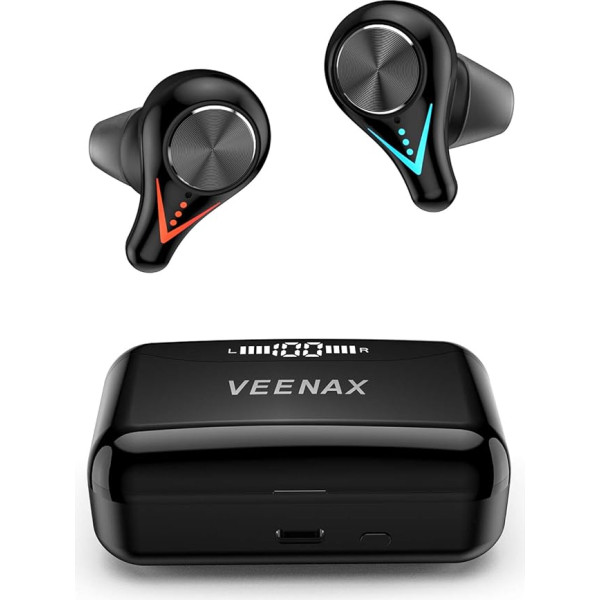 VEENAX L11 Bluetooth austiņas, bezvadu austiņas ar mikrofonu, Stereo In-Ear austiņas ar skārienvadību, sporta bezvadu austiņas, LED lukturītis, Power banka, 210H atskaņošanas laiks/CVC 8.0/USB-C, melnas krāsas