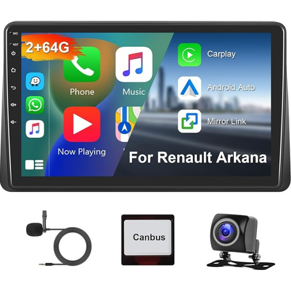 Hodozzy 2G + 64G Android auto radio priekš Renault Duster HM 2 2020-2021 Arkana 2019-2021 Carplay Android auto, 10 collu skārienekrāns ar navigāciju WiFi Bluetooth Mirrorlink HiFi FM RDS Canbus ar