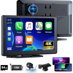 4K Apple Carplay displejs Android automašīnas displejs ar Dash Cam automašīnas priekšējā aizmugurējā 9 collu bezvadu Carplay pārnēsājamais Driveplay ar aizmugures skata kameru Auto radio Carplay Bluetooth Mirror Link Siri 64G TF karte