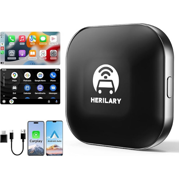 Alpinetech Carplay bezvadu adapteris un Android auto bezvadu adapteris, 2 in 1 Carplay Android auto pārveido vadu CarPlay uz bezvadu Plug & Play, mini un stabils, melns