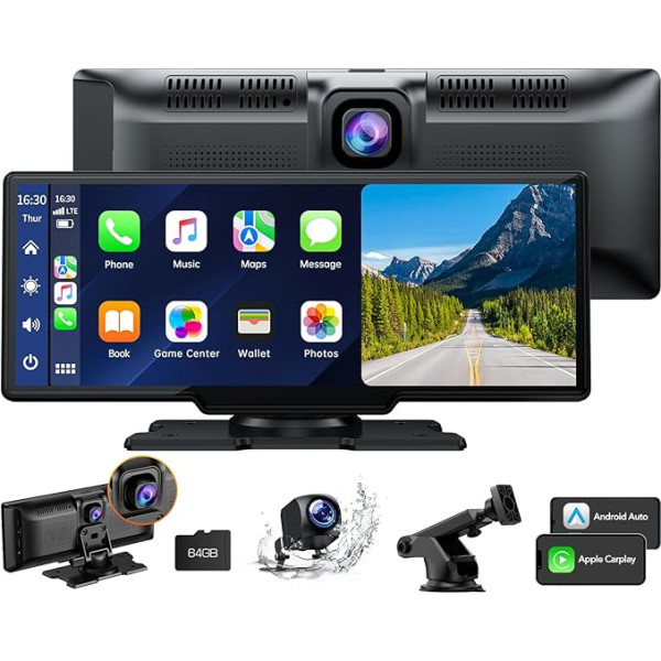 Volam 9,26 collu Carplay displejs ar 2,5K Dash Cam priekšējo auto kameru, 1080P aizmugures skata kamera, bezvadu A-pple Carplay Android Car, Mirror Link, navigācija, G00gle, Siri, FM, AUX, Loop Recording, 64G SD karte