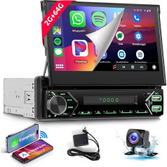 podofo Android auto radio 1Din ar 7 collu skārienjūtīgo ekrānu Manuāli izvelkams ekrāns Bezvadu Carplay/Android auto Bluetooth 5.1 FM/RDS 2USB/MIC/Type C/AUX/Stūres vadības stūres kontrole ar atpakaļgaitas kameru