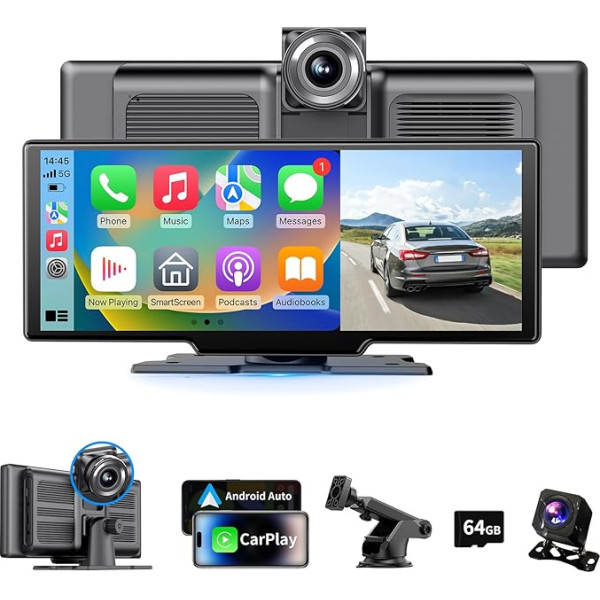 10,26 Zoll 4K bezvadu Carplay displejs Android Auto displejs,Autoradio Kabelloses Carplay Bildschirm,Android Auto Bildschirm mit AUX/FM,Dash Cam,Rückfahrkamera,Mirror Link,Bluetooth für alle Fahrzeuge