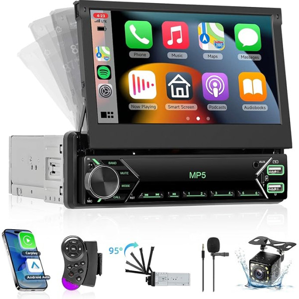 Hodozzy Autoradio 1 Din mit Wireless CarPlay Android Auto,7 Zoll Ausklappbarer Touchscreen Bluetooth mit SWC Mirror Link FM Radio USB-C EQ Farbe Hintergrundbeleleuchtung Einstellung + Rückfahrkamera