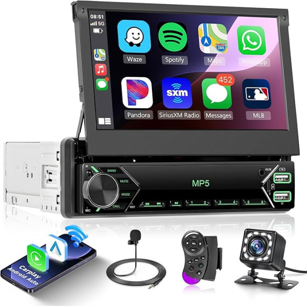 Bezvadu Carplay auto radio 1 DIN ar Android Bluetooth 7 collu manuāli izbīdāms ekrāns Auto radio ar spoguļa saiti FM radio USB/EQ/AUX/Type C stūres vadības pults tālvadības pults atpakaļgaitas kontrole