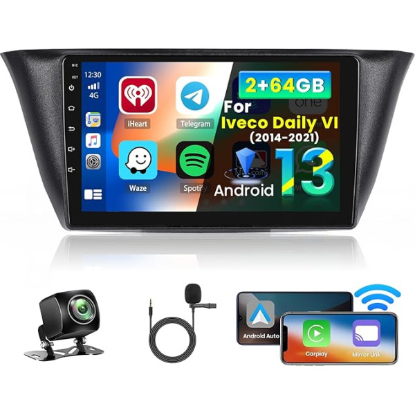 Inefala 9 Zoll Android 13 Autoradio für Iveco Daily VI 2014-2021 2 DIN Bildschirm (2+64GB) mit Wireless CarPlay Android Auto FM RDS GPS Bluetooth Lenkrad Steuerung Rückfahrkamera