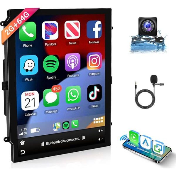 Hodozzy 2G 64G Android 2 DIN auto radio bezvadu Carplay un Android auto, 9,7 collu skārienjūtīgais ekrāns ar Bluetooth Mirror Link WiFi GPS navigāciju HiFi FM/RDS radio, stūres vadības stūres rats