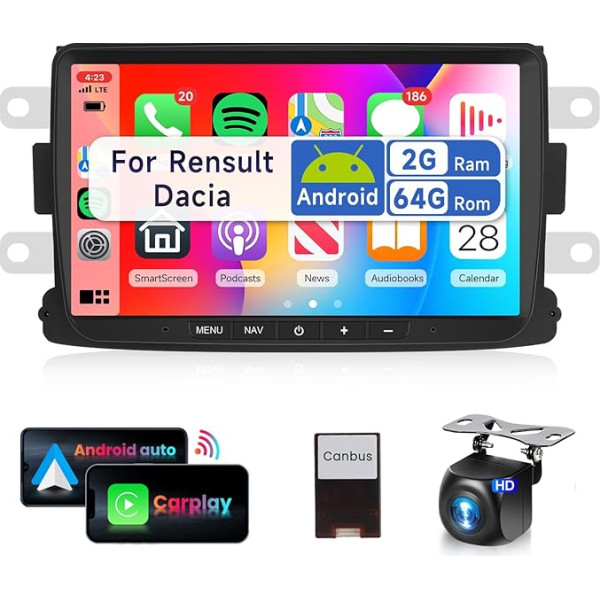 2 + 64G 8 collu auto radio 2 DIN priekš Renault Dacia Duster Sandero Logan Dokker bezvadu carplay Android auto ar ekrānu HiFi Bluetooth RDS/FM radio + AHD atpakaļskata kamera + CANBUS