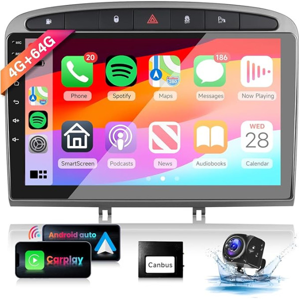 8 kodolu 4 + 64G: Hodozzy Carplay autoradio Peugeot 308/408 2007-2015, 9 collu skārienjūtīgais ekrāns, Android auto radio ar Android Car/WiFi/GPS/RDS/FM/Bluetooth/USB + atpakaļgaitas kamera, pelēks