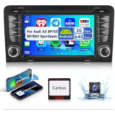 2 + 64G podofo Android 13 Auto radio Audi A3 Bezvadu Carplay Android automašīnai, 7 collu skārienjūtīgais ekrāns Stereo Navi/WiFi ar AHD atpakaļgaitas kameru GPS Bluetooth RDS/FM Radio / CANBUS