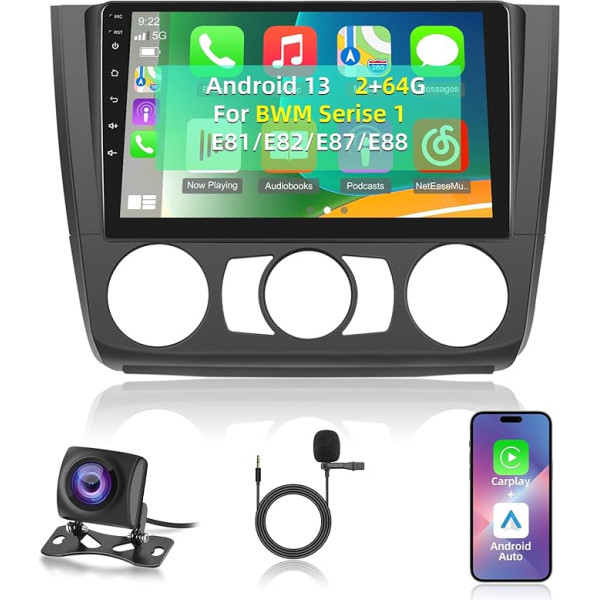 2+64G Android auto radio BMW Series 1 E81 E82 E87 E88 E88 2005-2011 ar bezvadu Carplay un Android Car - 9 collu skārienjūtīgais radio ar WiFi GPS EQ 28 darbvirsmas tēmas + AHD aizmugures skata kamera un mikrofons